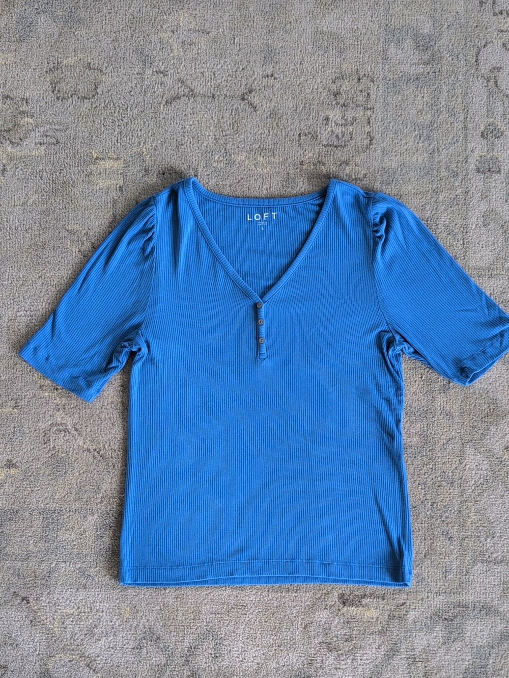 LOFT Bright Blue Ribbed V-Neck Button Top